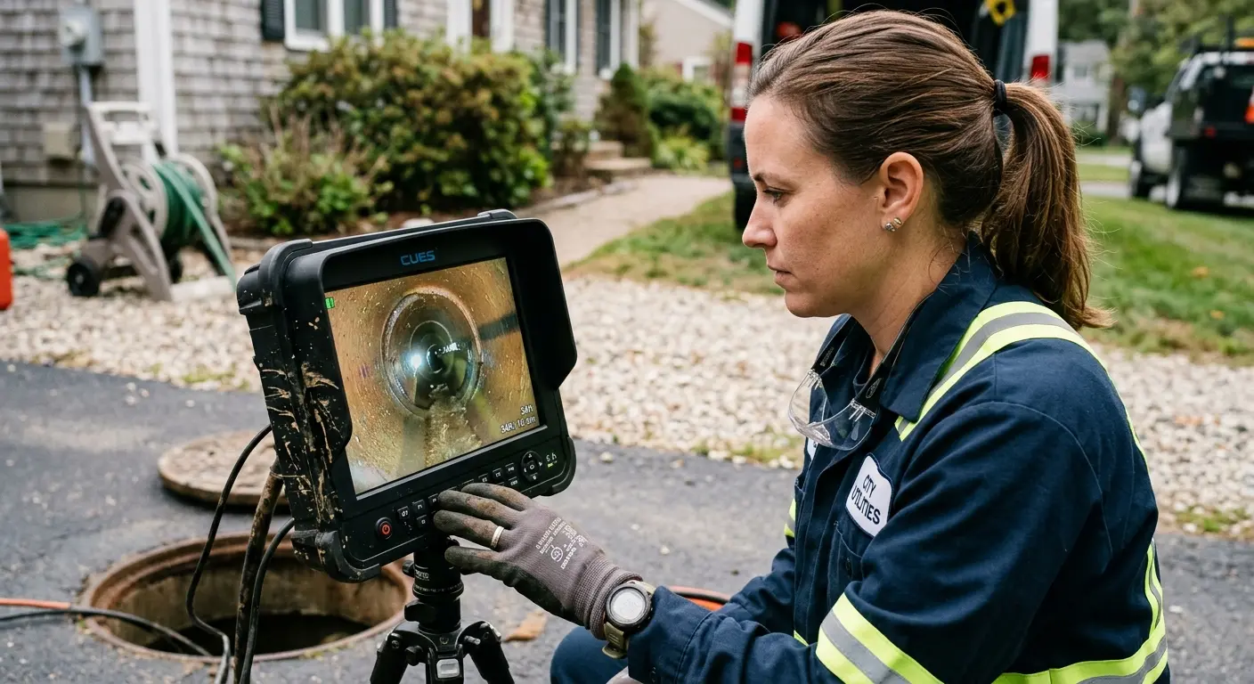 Technician reviewing sewer camera inspection footage in Conyers